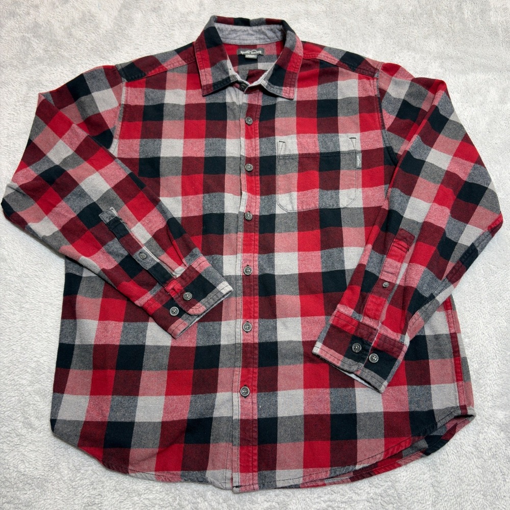 Eddie Bauer Flannel Shirt Mens L Red Black Grey Plaid Long Sleeve Button Down